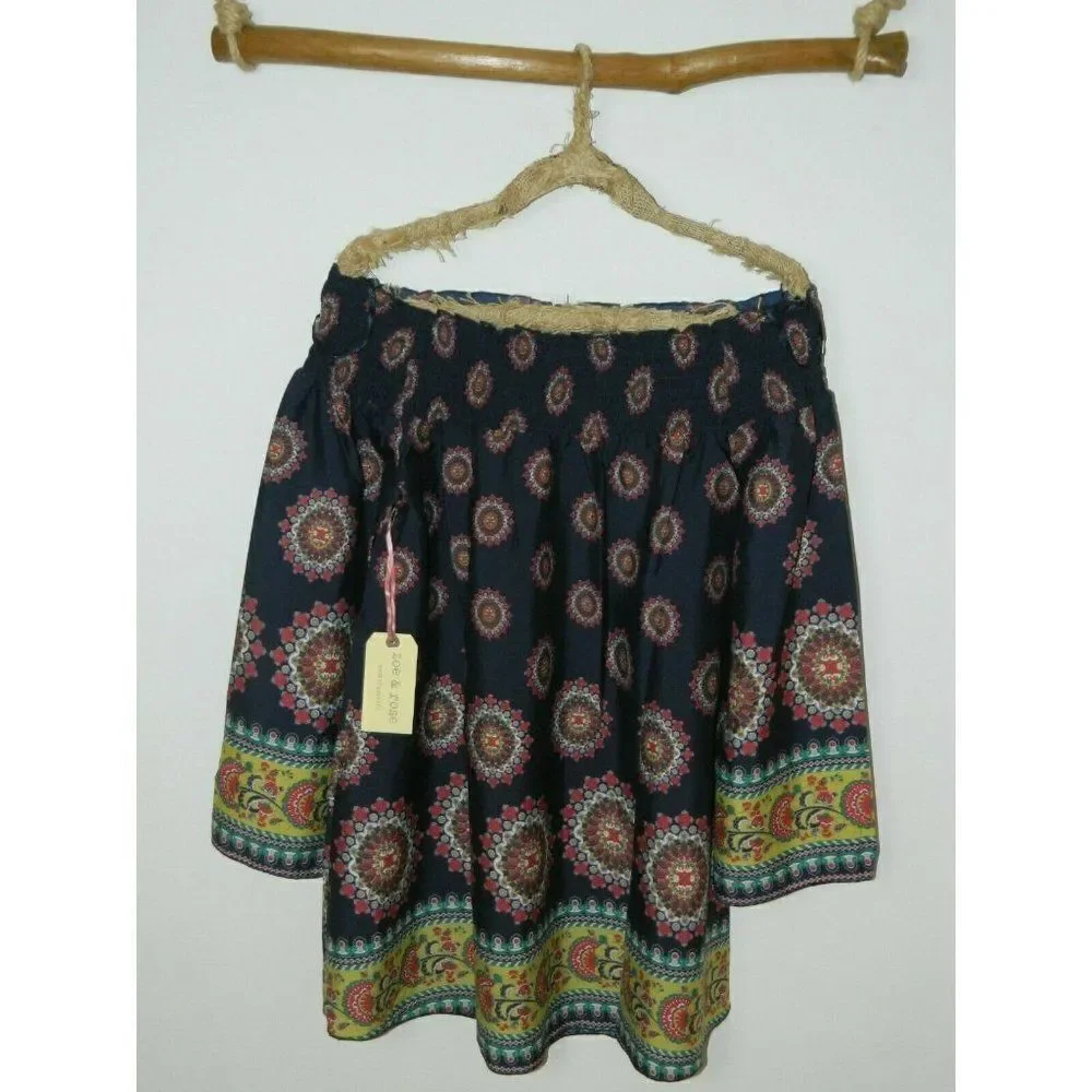 Band of Gypsies Zoe & Rose Dress Blue‎ Floral Off The Shoulder Bell Sleeves Mini